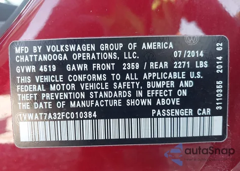 2015 Volkswagen Passat 1.8T S z USA, uszkodzony, nr VIN 1VWAT7A32FC010384